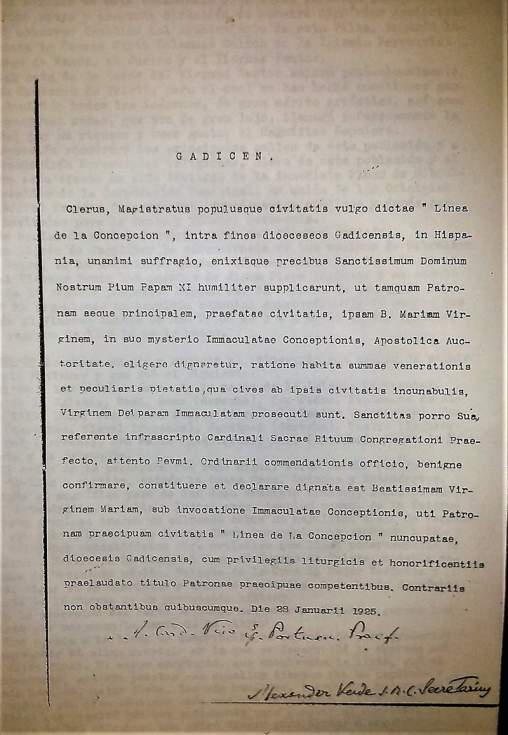 Texto en latín del nombramiento de la Inmaculada patrona de La Lïnea.